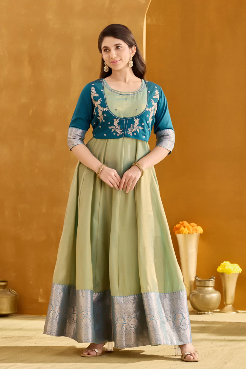 Emerald Green Anarkali Dress with Golden Embroidery & Zari Border